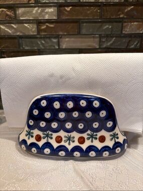 Hand-Painted Blue Polka Dot Ceramic Napkin Holder - polish potter.